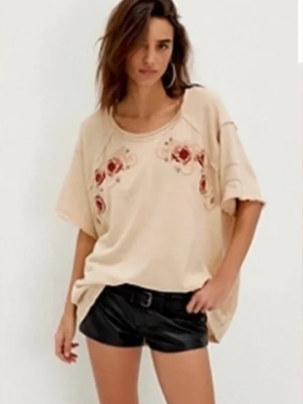 Free People We The Free Harper Tee in Parchment- S- EUC- Pale Pink/Embroidery